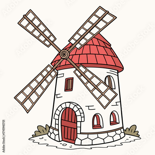 Whimsical Cartoon Windmill with Red Roof and Stone Base