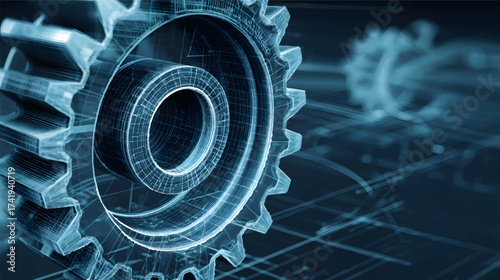 A close-up view of a 3d rendered gear in a technical blueprint style, showcasing intricate details and a futuristic design