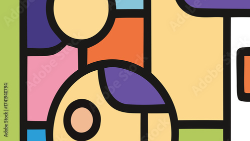 Vibrant Abstract Geometric and Organic Shapes with Bold Black Outlines