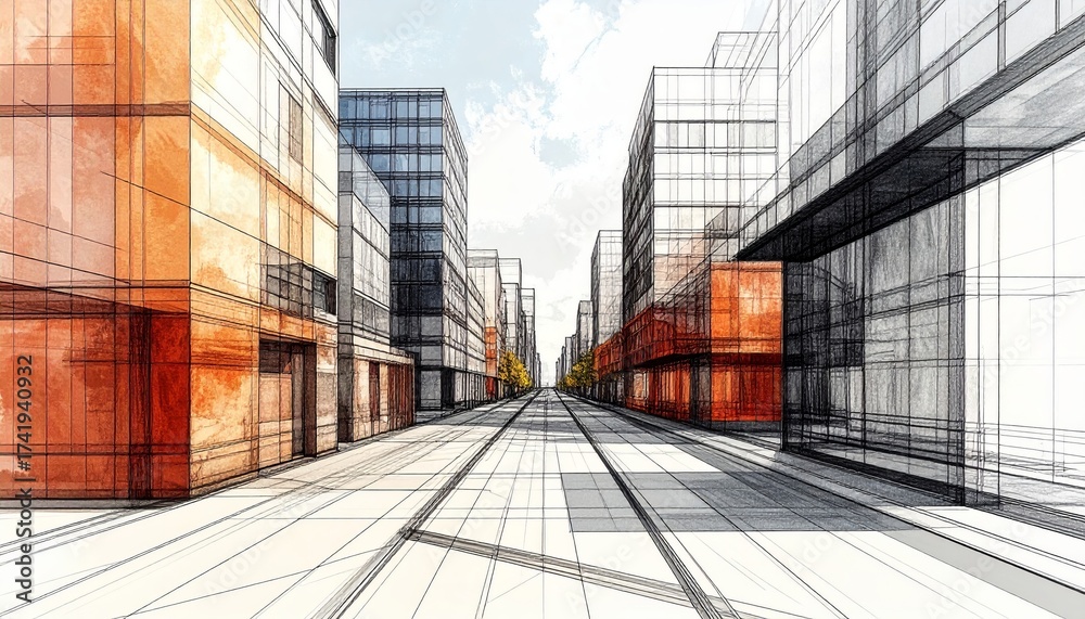 Fototapeta premium Creative architectural perspective of urban buildings in a 3D abstract line drawing