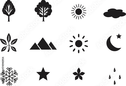 Simple black and white weather and nature icons arranged in a grid
