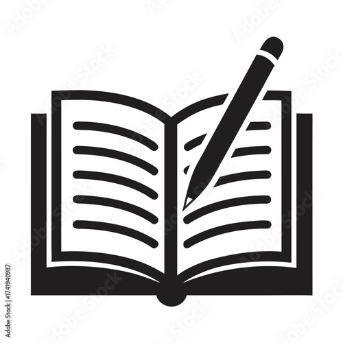 An open book with a pen resting on its pages black silhouette