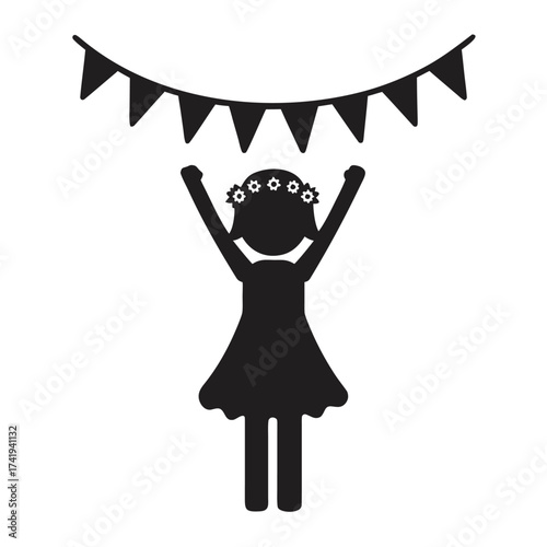 Celebration icon featuring a girl with arms raised and party bunting
