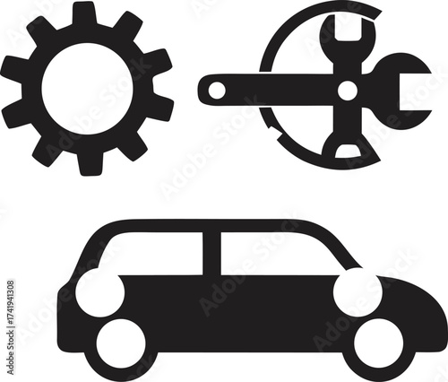 Car repair and maintenance icons featuring gears wrench and vehicle