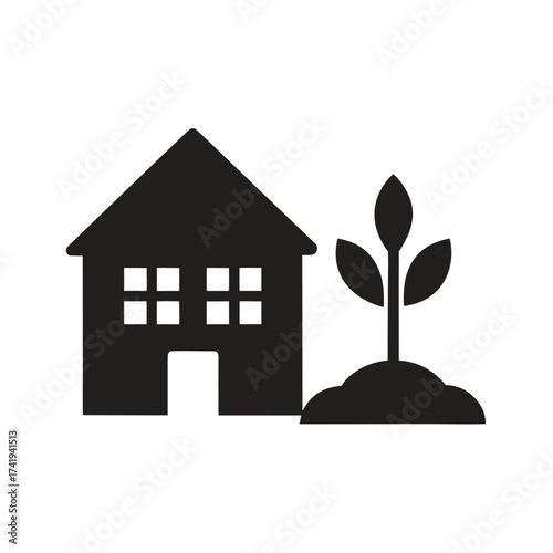 Simple black and white icon depicting a house and a growing plant