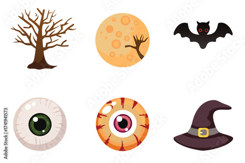 A spooky halloween collection featuring a bat tree and eerie eyes