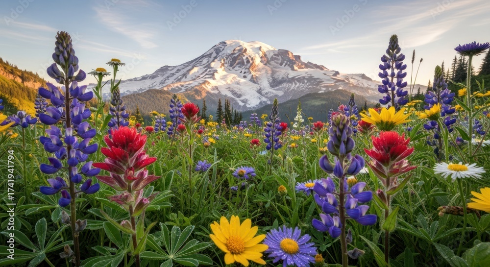 Fototapeta premium Golden light illuminates a snow-capped mountain towering over a vibrant wildflower meadow
