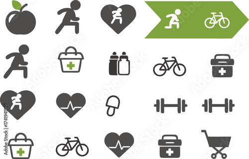 Collection of simple green and grey lifestyle icons for various activities