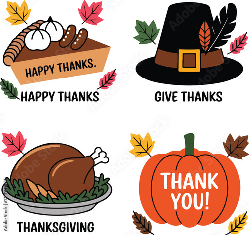 Thanksgiving feast elements including turkey pumpkin pie and pilgrim hat design