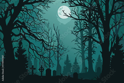 Spooky forest scene with a full moon overlooking a graveyard at night