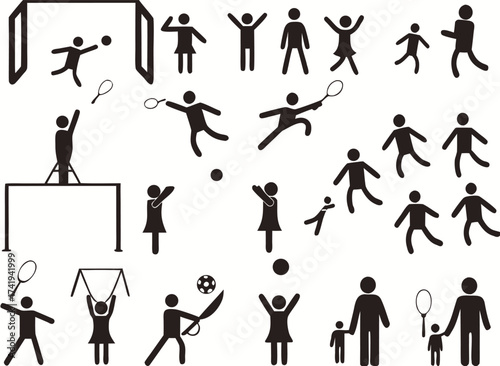 Pictogram people in park with kids and sport activity illustrated on white

