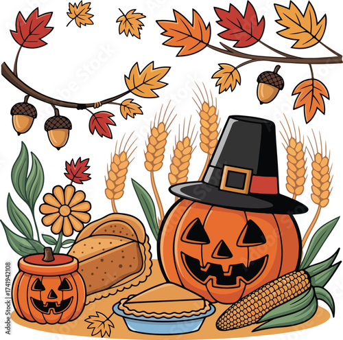Autumn harvest scene featuring pumpkins wheat and a pilgrim hat