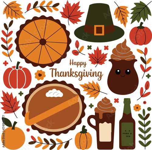 A festive collection of autumn elements for a happy thanksgiving celebration