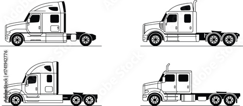 Truck, semi-truck, trailer, transport, logistics, freight, cargo, vehicle, side view, black and white, illustration, vector, silhouette, sleeper cab, day cab, axle, commercial,