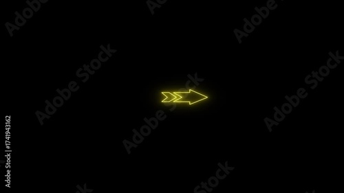 Arrow-shaped neon sign. right arrow for road direction. Abstract directional neon arrow icon animation on black background.