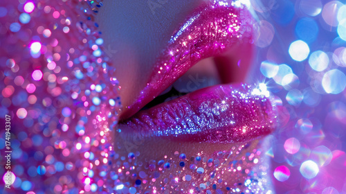 Sparkling glossy lips with glitter face details