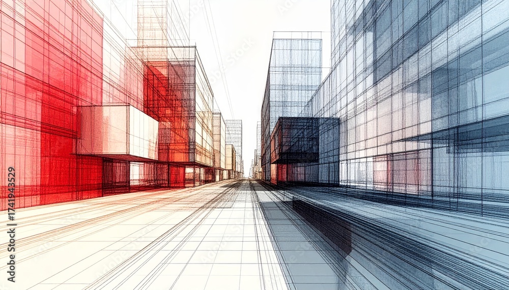 Fototapeta premium Creative architectural perspective of urban buildings in a 3D abstract line drawing