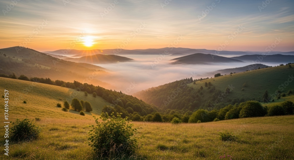 Fototapeta premium Golden sunrise illuminates lush green mountainsides with a valley filled by thick fog