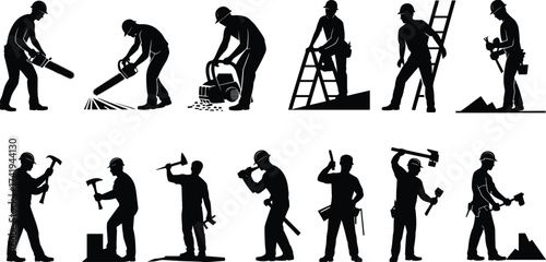 Silhouette construction workers using tools, chainsaw, hammer, and ladder in various building and repair activities for industrial labor vector design.