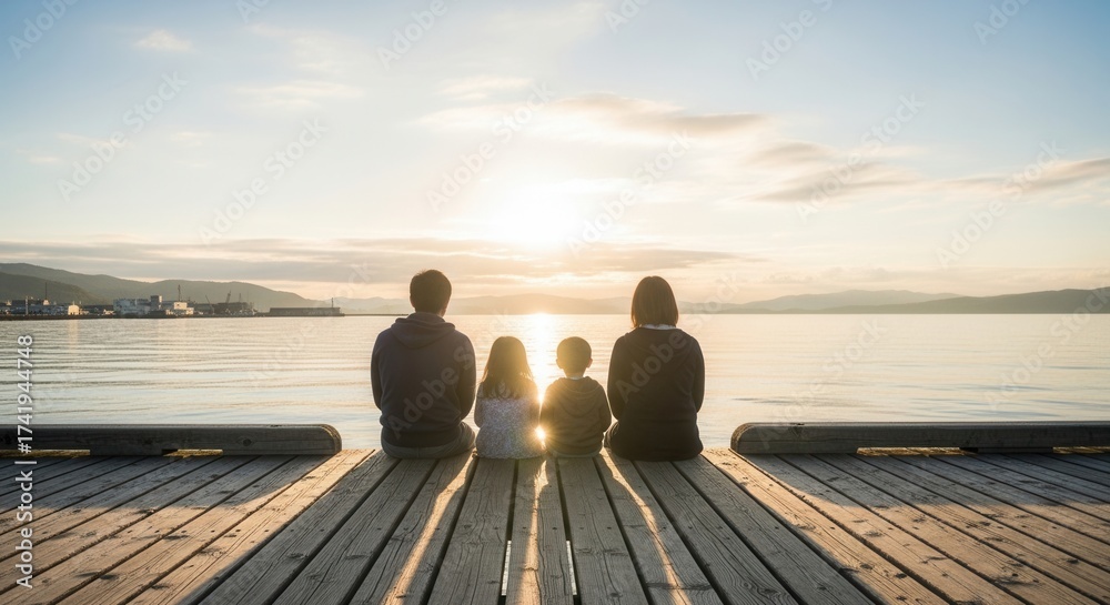 Fototapeta premium A family sits on a wooden pier silhouetted against a serene sunset over water and distant mountains
