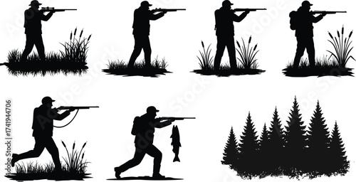 Silhouette hunters with rifles in forest grass, outdoor nature adventure, wildlife hunting and fishing vector illustration for sport design
