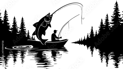Fisherman Catching Big Fish Silhouette on Boat