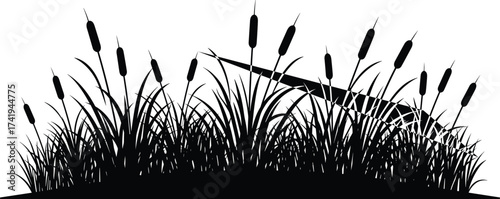 Silhouette of cattail plants and reeds growing in marsh wetland area with long grass and pond nature landscape background illustration