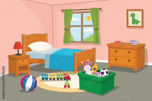 Children bedroom interior with bed, tables, furniture, and toys