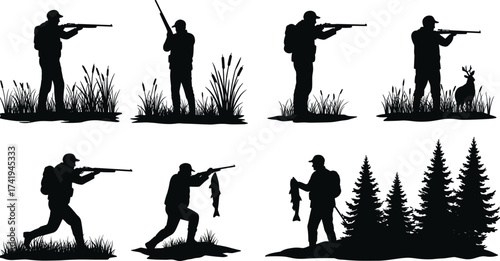 Silhouette of hunters aiming rifles, fishing, and outdoor wildlife forest scene illustration for adventure, nature, sport, and camping vector design.
