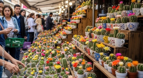Fototapeta Naklejka Na Ścianę i Meble -  A market stall displaying numerous vibrant flowering cacti in small pots on wooden shelves with people browsing
