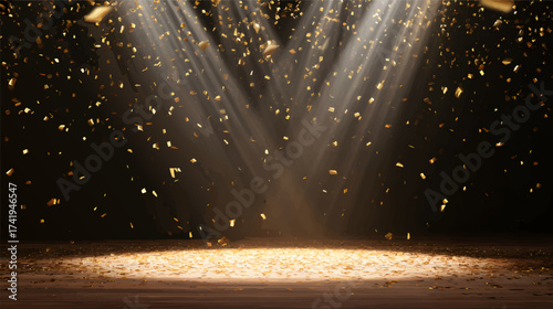A dramatic stage scene with golden confetti falling under bright spotlight beams