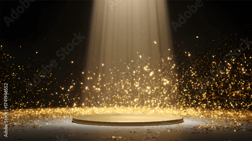 A spotlight shining down on a circular platform surrounded by golden particles in a dark setting