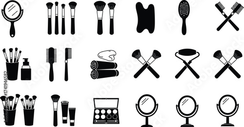 Silhouette vector collection of makeup brushes, mirrors, combs, beauty tools, skincare accessories, and cosmetic products for salon and fashion illustration