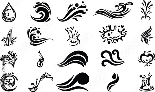 Cartoon Water Splash Effects Vector Set – Fluid Dynamic Droplets, Aqua Waves, Minimalist Sea Line Art, Water Drop Icons, and Dermatology Hand with Water Design Elements for Animation and Visual Effect
