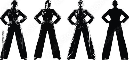 Four business casual silhouettes showing stylish full body outfits for women