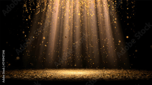 A dramatic stage scene with golden confetti falling under bright spotlight beams