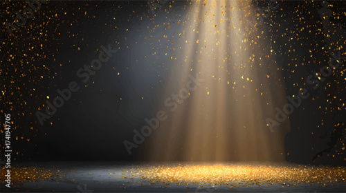 A spotlight shining down on a circular platform surrounded by golden particles in a dark setting
