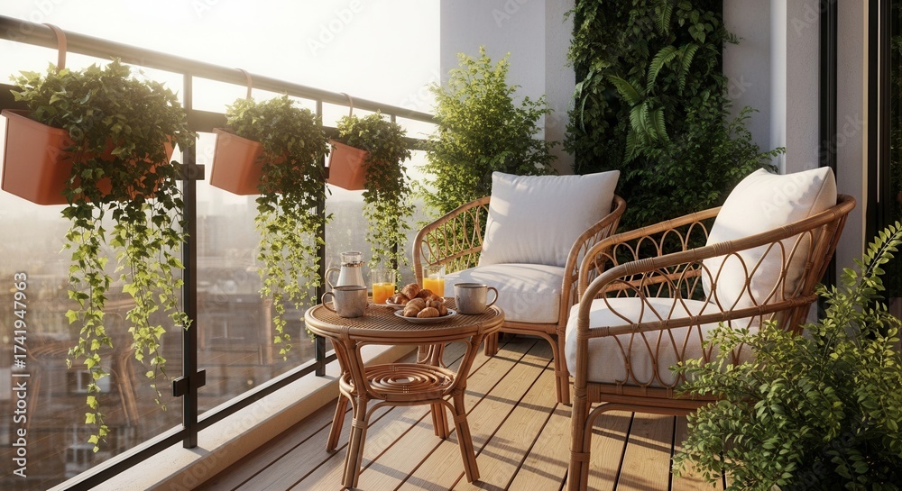 Fototapeta premium A sunny balcony with a breakfast setup on a rattan table between two wicker chairs with white cushions Hanging plants adorn the railing a green wall stands nearby overlooking a city