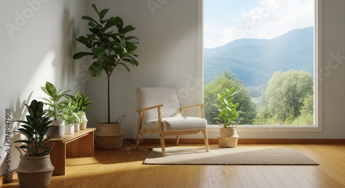 A sunlit room featuring an armchair potted plants and a large window with views of lush green mountains under a bright sky