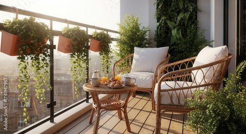 A sunny balcony with a breakfast setup on a rattan table between two wicker chairs with white cushions Hanging plants adorn the railing a green wall stands nearby overlooking a city