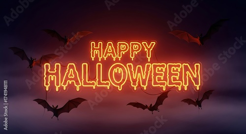 Vibrant neon Halloween greeting with flying nocturnal creatures against a mysterious twilight backdrop, perfect for spooky celebrations