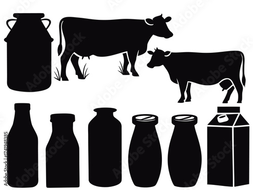 Cow silhouette and milk bottles illustrated on white

