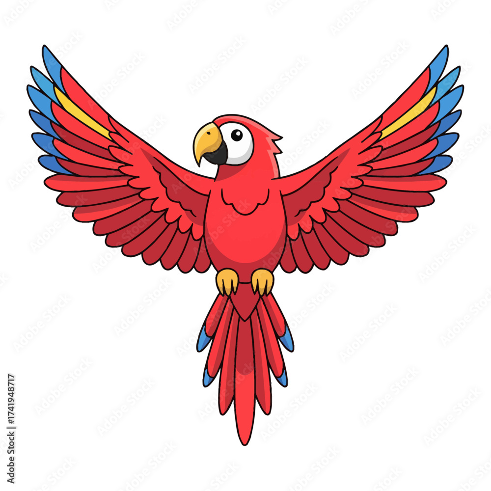 Obraz premium A vibrant cartoon illustration of a red macaw parrot spreading its colorful wings. This exotic tropical bird is a cheerful symbol of wildlife and freedom