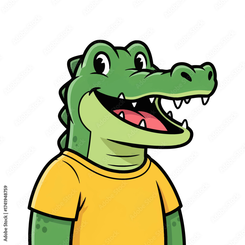 Fototapeta premium A cartoon alligator wearing a yellow t-shirt, a cheerful reptile with an open mouth and a friendly expression, perfect for educational content or playful branding