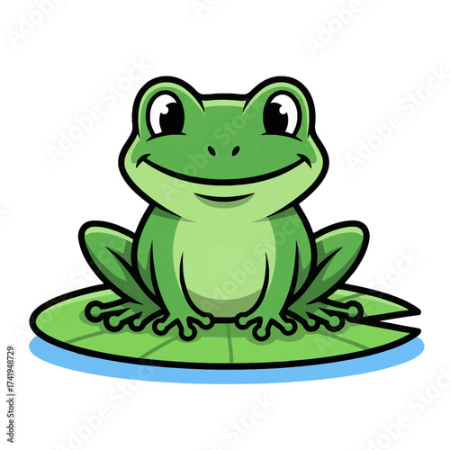 Charming and happy green frog character sitting on a lily pad. A cute cartoon amphibian vector illustration isolated on a white background
