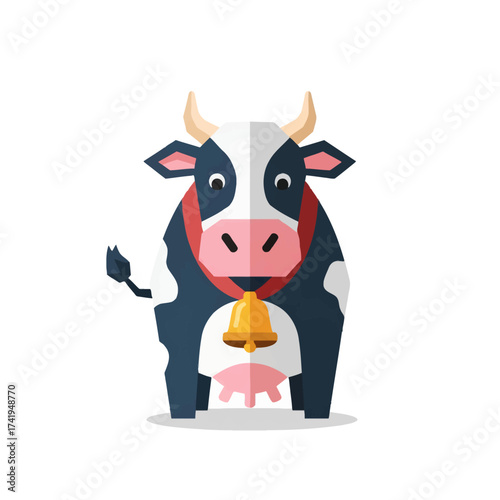Flat Cow with Bell Icon, Simple Style Farm Animal Illustration