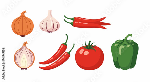 A colorful set of fresh vegetable ingredients for cooking, including onion, garlic, chili pepper, and tomato. Vector illustration concept ai(68)