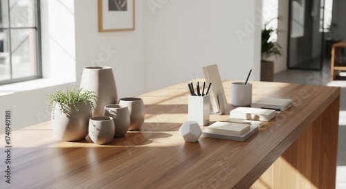 A wooden table holds light ceramic pots a plant pens notebooks and a geometric object bathed in window sunlight creating distinct shadows