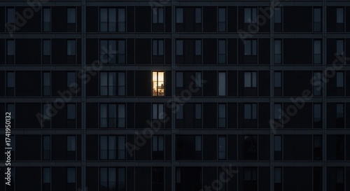 Building exterior at dusk many dark windows one apartment brightly lit with warm interior light