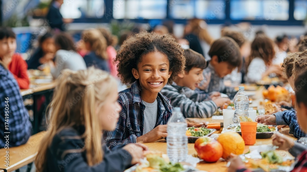 Obraz premium A group of children sitting at a table eating